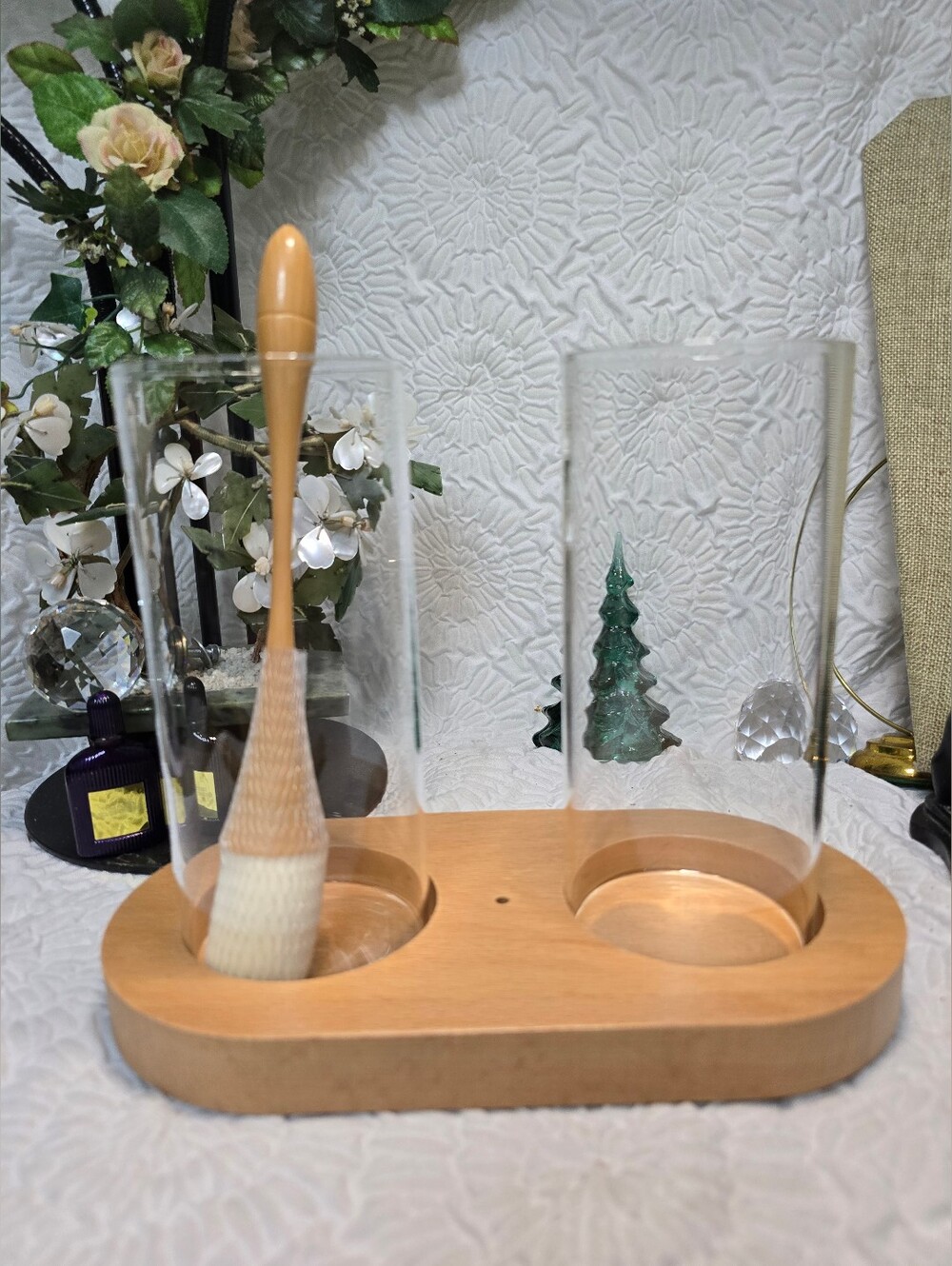 Wooden Dual Glass Desk Organizer Caddy Vanity Or Desk Brush /Pen Holder NWOT